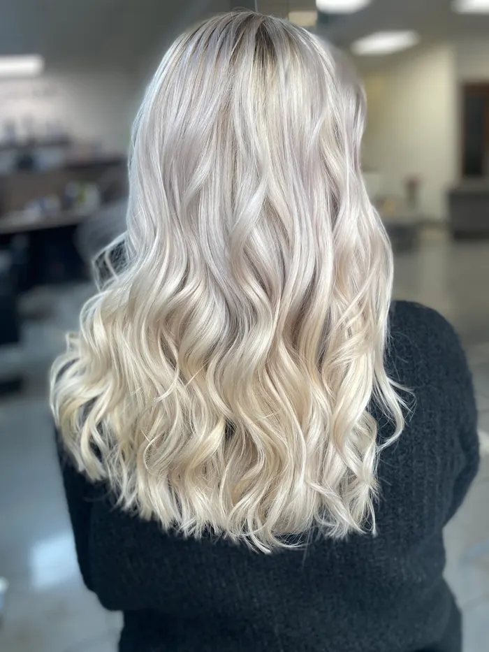 Platinová blond vo vlnách s tmavšími korienkami